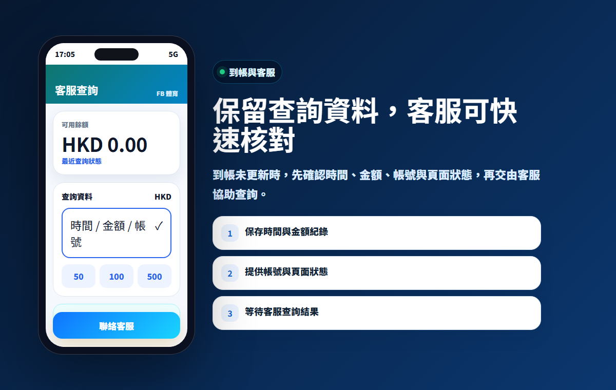 到帳查詢與客服資料示意